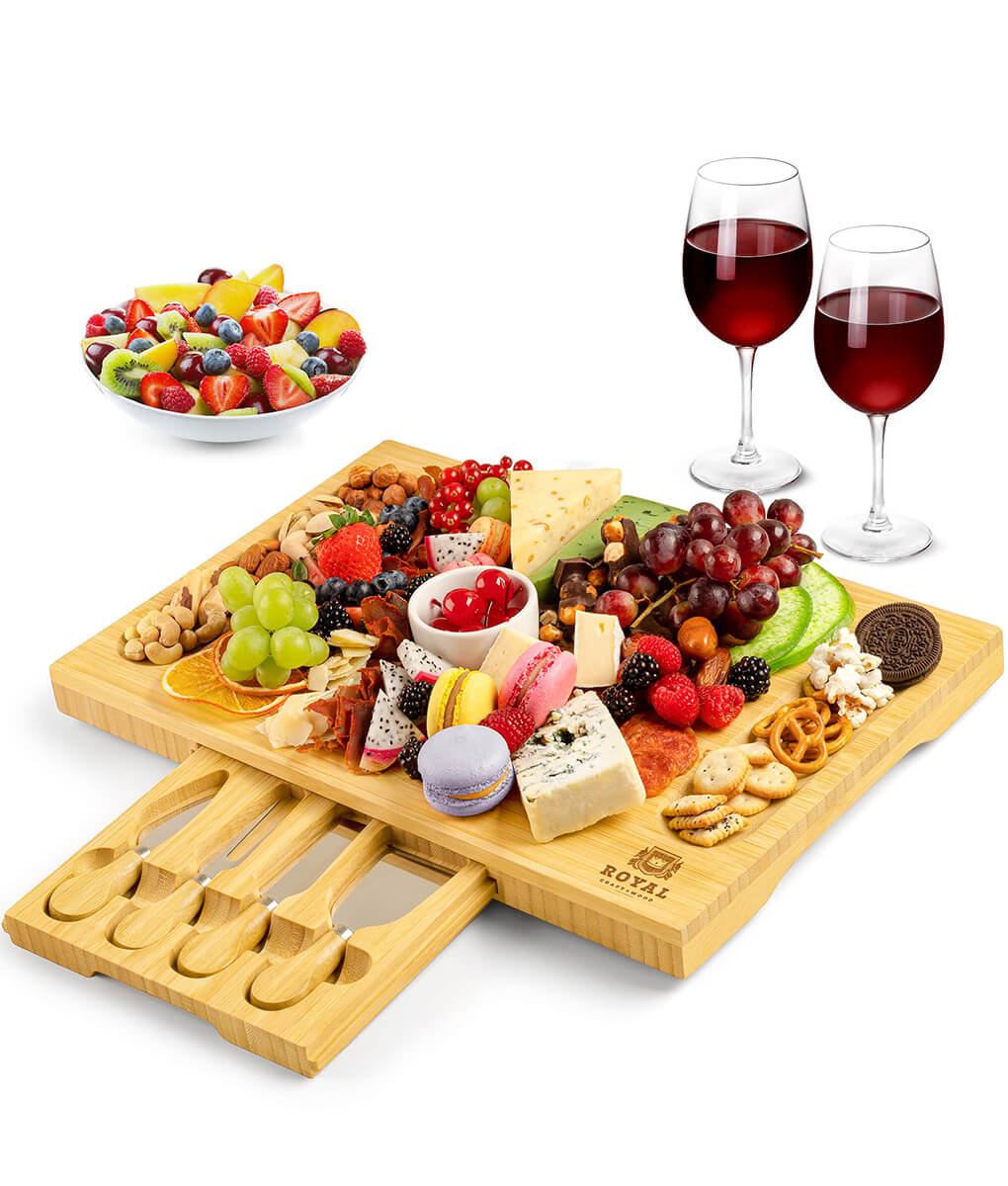 RoyalHouse Unique Bamboo Cheese Board and Knife Set with Slide-Out