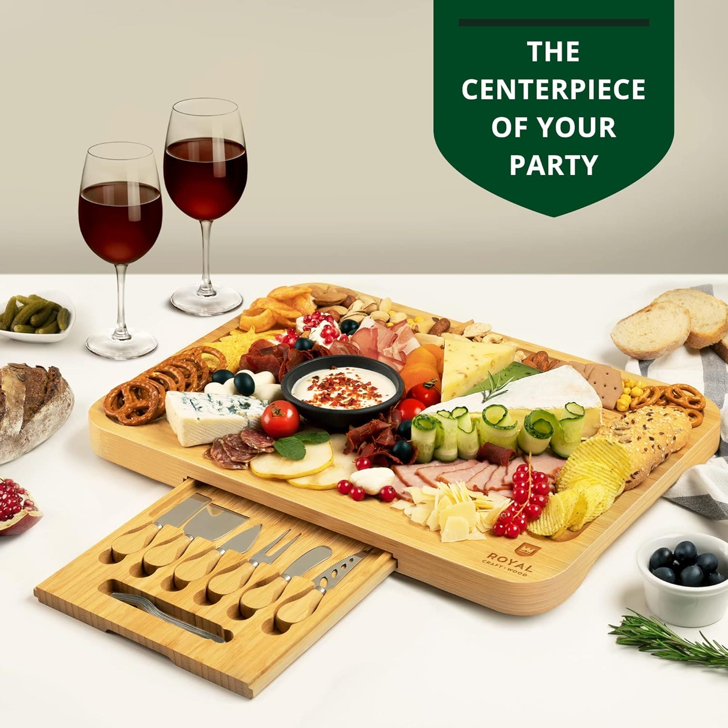 Royal Craft Wood Luxury Bamboo Cheese Board Set - Thumbnail 4