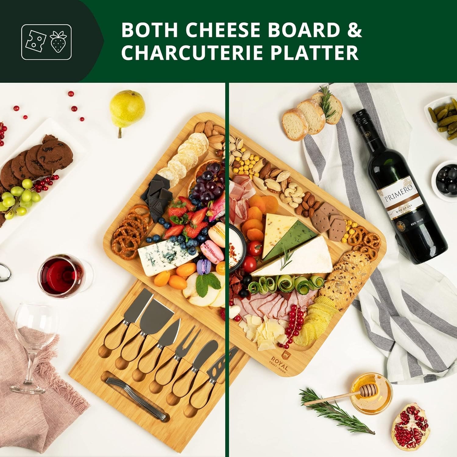 Royal Craft Wood Luxury Bamboo Cheese Board Set - Thumbnail 5