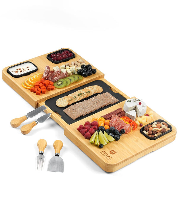ROYAL CRAFT WOOD Unique Bamboo Charcuterie Board, Cheese Platter & Serving  Tray Including 4 Stainless Steel Knife & Thick Wooden Server - Fancy House