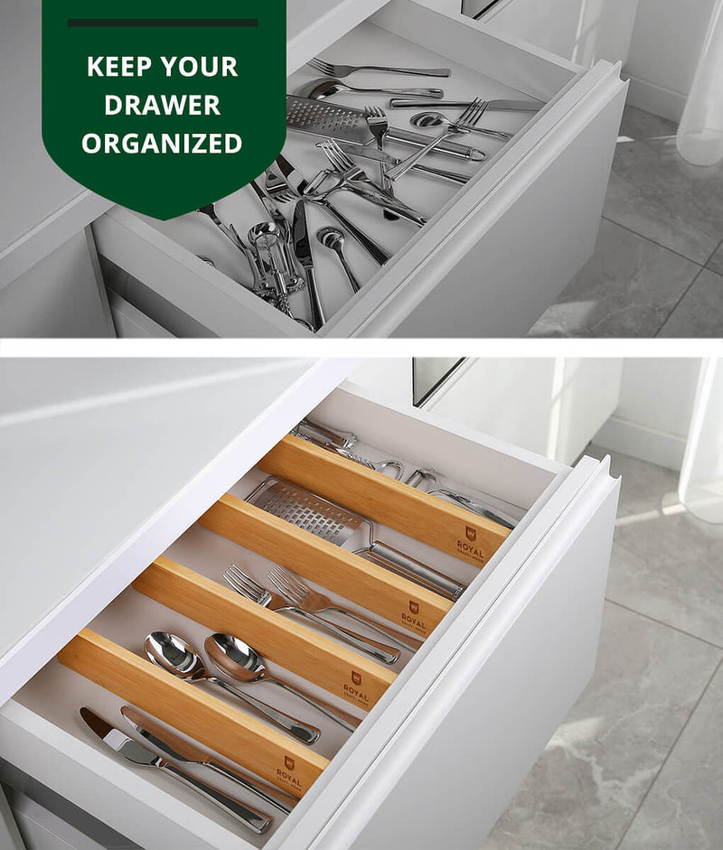 Bamboo Drawer Dividers with Inserts , Kitchen Adjustable Drawer Organizers