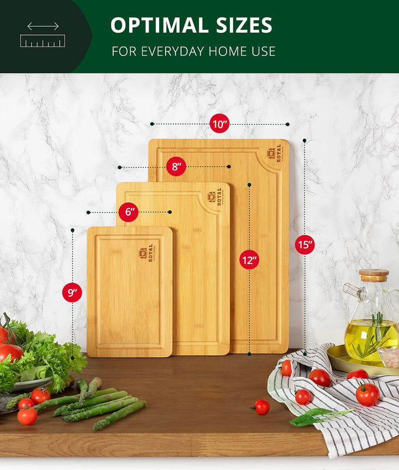 Royal Craft Wood Bamboo Cutting Board for Kitchen - Cutting Board Set for 3 Meat, Fruit, Veggies