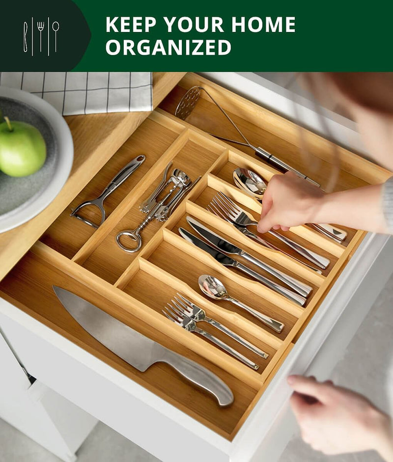 Kitchen Utensil Holder Organizer with 2 Compartments,Wood Flatware