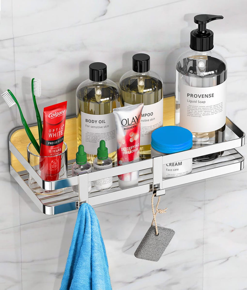 Hands DIY Shower Caddy Wall-Mounted Shower Shelf Multifunctional Waterproof Shower Organizer with Towel Bar Hooks No Drilling Shower Storage Rack